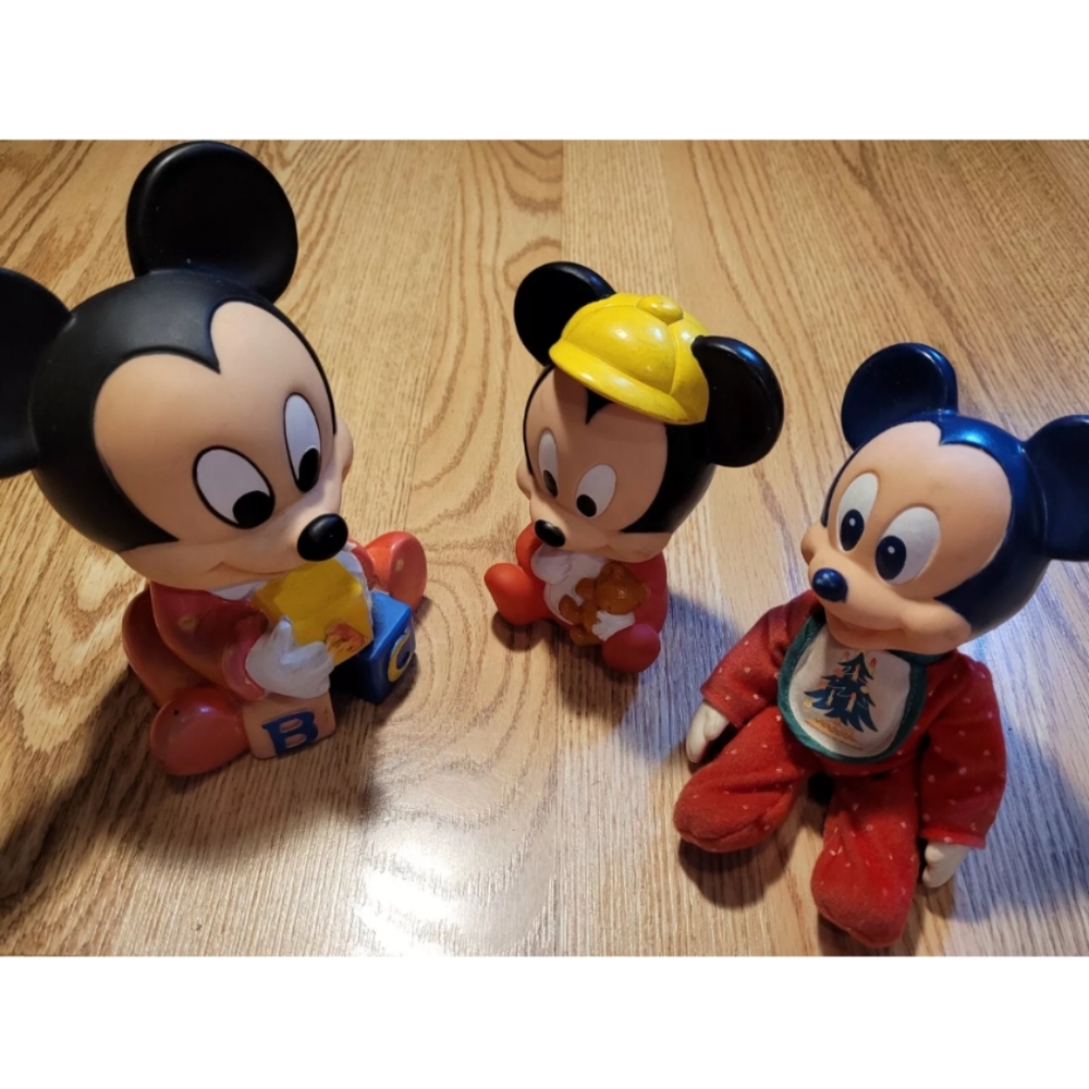 Vintage Baby Mickey Mouse Hard Plastic Toys Lot Of 3